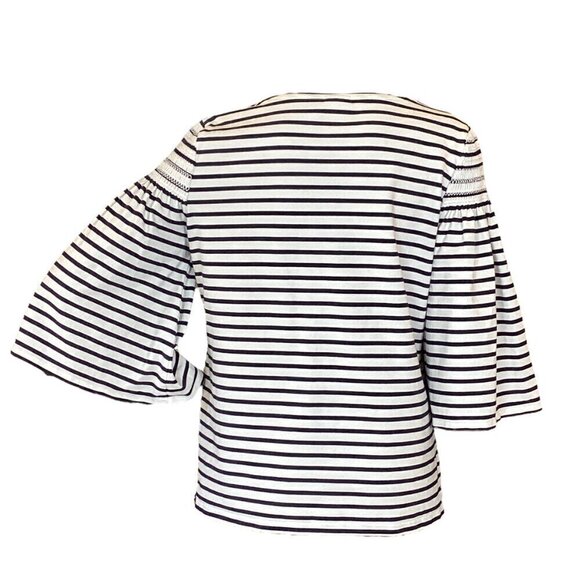 Chico's Breton Stripe Knit Top Sz 2 (L/12) Smock Shoulder Bell-Flare Sleeve 296H - Picture 8 of 12